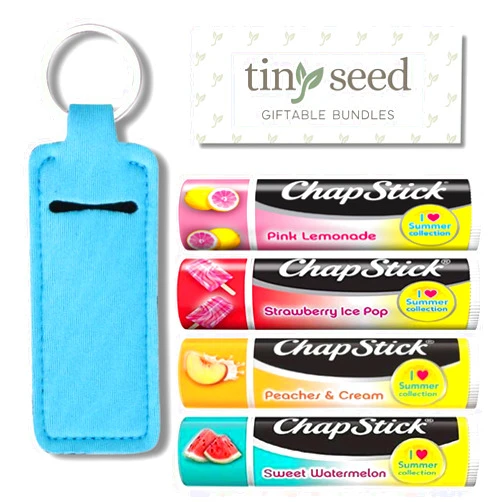 TINY SEED Set of 4 Chapsticks: Strawberry Ice Pop, Pink Lemonade, Peaches & Cream, Sweet Watermelon. Limited Edition by Chapstick I Love Summer Collection. Includes Lip Balm Holder Keychain (Blue)