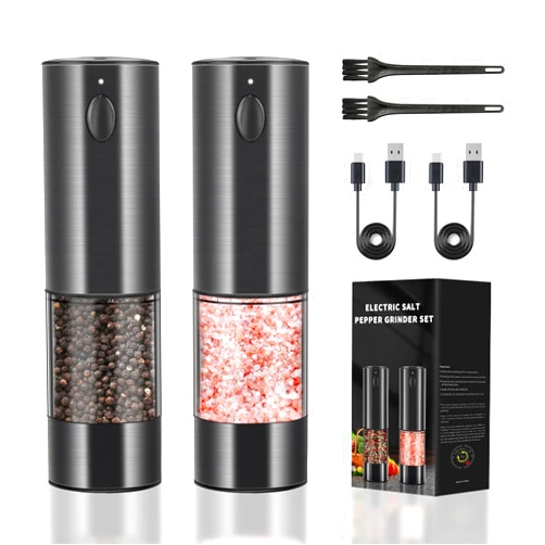 Haomacro Upgraded Larger Capacity Electric Salt and Pepper Grinder Set Rechargeable with LED lights, Stainless Steel Automatic Salt and Pepper Mill Set Refillable with 5 Adjustable Coarseness