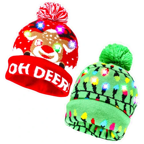 MGparty 2 Pack Christmas LED Light-up Knitted Beanie Hat Colorful Flashing Holiday Xmas Christmas Party Supplies(One Size Fits More)