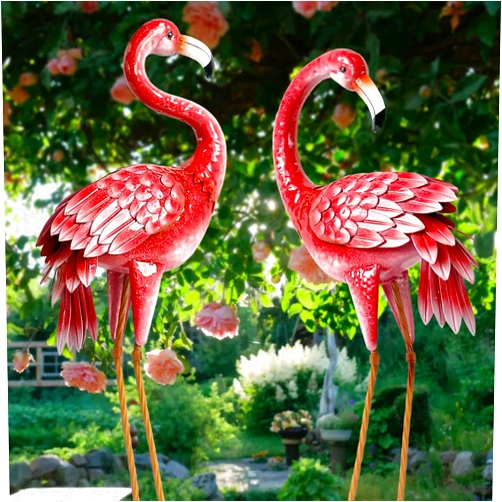 Kircust Flamingo Garden Statues and Sculptures, Metal Birds Yard Art Outdoor Statue, Large Pink Flamingo Lawn Ornaments for Home, Patio, Backyard Decor (2-Pack)