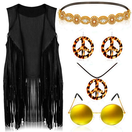 Frienda 6 Pcs 60s 70s Outfits for Women Hippie Costume Set Peace Sign Earring Headband Fringe Vest Tassel Cardigan