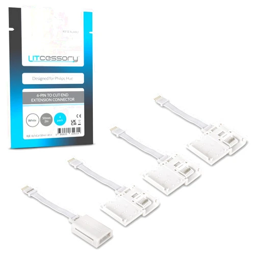 Litcessory 6-Pin to Cut-End Extension Connector for Philips Hue Lightstrip Plus (2in, 4 Pack, White - MICRO 6-PIN V4)