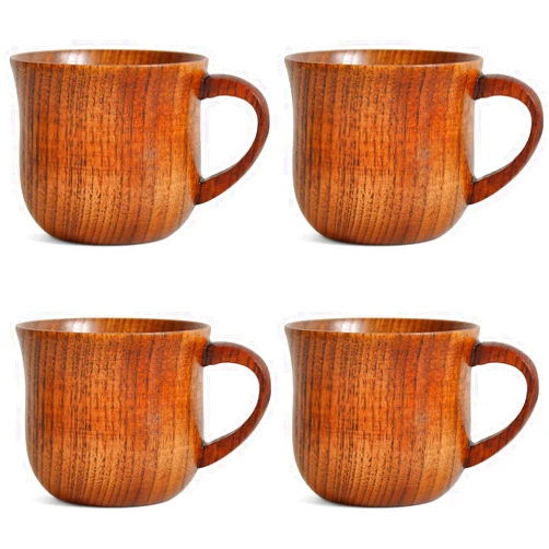 CTKcom 4 Pack Handle Wooden Mug Wooden Cup Natural Solid Wood Mug for Drinking Tea Beer Milk Coffee Hot Drinks Small Reverse Side Ear Cup