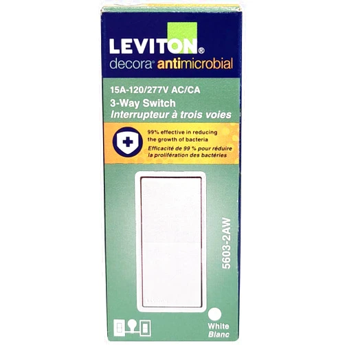 Leviton 5603-2AW Antimicrobial 15 Amp 120/277V Decora Rocker 3-Way AC Quiet Switch, White