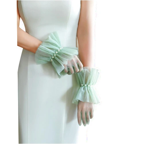 XXDingbs Women's Vintage Short Mesh Lace Gloves Ruffles Tea Party Tulle Gloves Pearls Wedding Opera Party Gloves