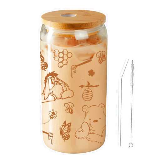 OQFGD Winnie Gifts, Winnie Thank You Gifts, Pooh Appreciation Gifts, Winnie Friendship Gifts, Winnie Glass Jar Tumbler with Bamboo Lid and Glass Straw 16 Oz Winnie Birthday Gifts for Boys Girls Friends BFF