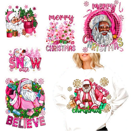 BMKKOT 6Pcs Christmas Iron on Transfers Stickers Black Santa Claus Iron on Patches Xmas Iron on Decals Snowman Heat Transfer Vinyl Christmas Tree Thermal Sticker for T-Shirt Clothes Covers DIY Decoration