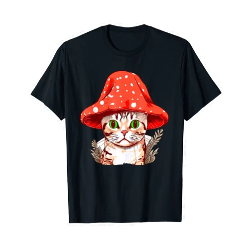 Cottagecore Aesthetic Cat with Mushroom Vintage Cottagecore aesthetic cat Mushroom hat kawaii T-Shirt