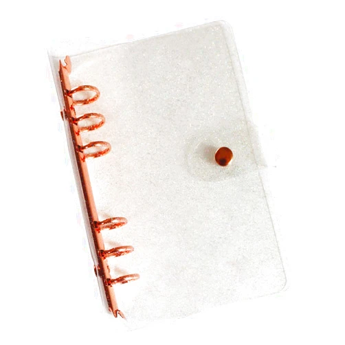 MEI YI TIAN Personal A6 Glitter PVC Binder Cover Clear Soft PVC Notebook Shell 6 Rose Gold Round Ring Binders with Snap Button Closure Loose Leaf Folders (Personal A6, Glitter Cover + Rose Gold Binder)