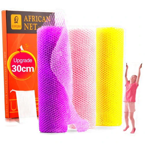 UJFQBH 3 Piece African Net Sponge African exfoliating net - 12 * 43.3in African Net Long Net Bath Sponge Exfoliating Shower Body Scrubber Back Scrubber Skin Smoother,Great for Daily Use(Yellow, Pink, Purple)