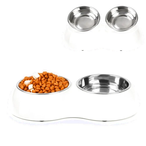 Petvillage Double Dog Bowl Set - includes Two 6.9 fl oz Stainless Steel Bowls & Elevated Base, Ideal for Small to Large Pets, Feeding Solution for Dogs, Cats, Puppies - White