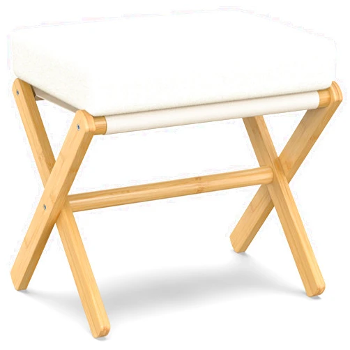 BAMBOOHOMIE Makeup Vanity Stool, Foldable Foot Stool with Bamboo X Legs, Ottoman Foot Rest Chair for Vanity, Modern Foot Stools Small Padded for Makeup Room Bedroom Living Room (Natural - Beige)