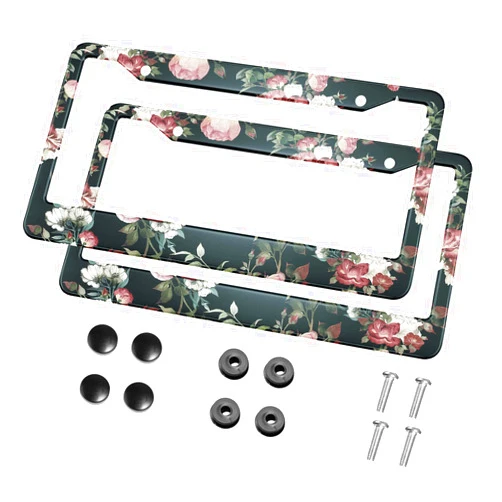 HOSNYE Watercolor Roses License Plate Frame Black 2 Pcs Seamless Floral Pattern Metal Cute Licenses Plates Frames Licenses Plate Covers Car Tag Frame for Women Men US Vehicles