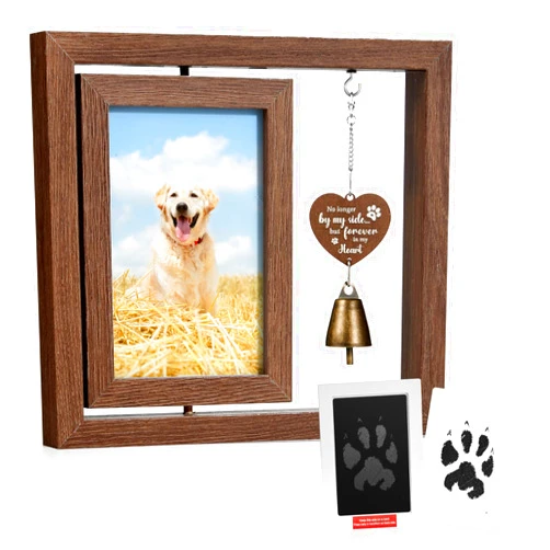 PEWOD Dog or Cat Memorial Gifts for Loss of Pet Sympathy Gifts - Pet Paw Print Kit with Wooden Picture Frame for 4x6 Photo -Personalized Remembrance and Bereavement Gifts for Dog Mom