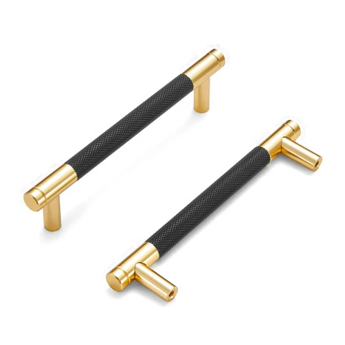 Dazzleeta 10 Pack Cabinet Handles Gold and Black 5 Inch Drawer Pulls Round Brass Cabinet Pulls with Knurled Pattern Kitchen Cabinet Hardware