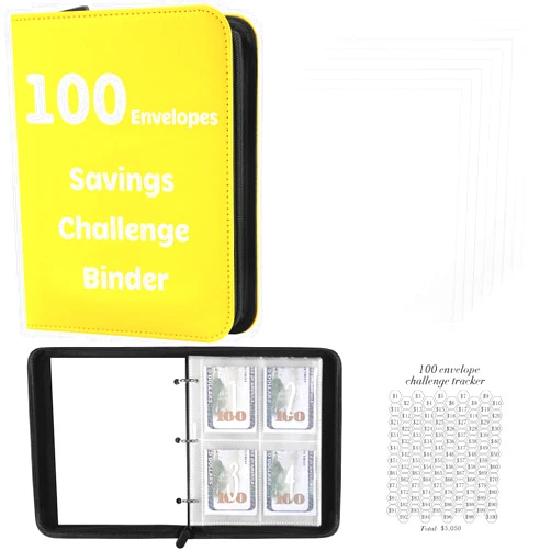 Honomastry 100 Envelopes Money Saving Challenge Binder with Laminated Tracker, Money Saving Challenge Budget Binder with Cash Envelopes, Savings Challenge Book with Zipper to Save $5,050 (Yellow)