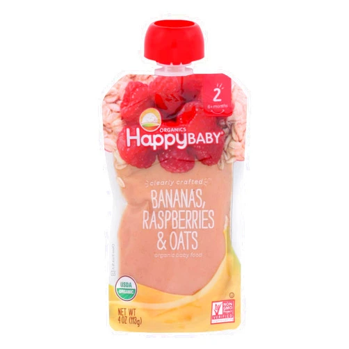 Happy Baby Organics Clearly Crafted Stage 2 Baby Food Bananas Raspberries & Oats, 4 Ounce Pouch Resealable Baby Food Pouches, Fruit & Veggie Puree, Organic Non-GMO Gluten Free Kosher (Pack of 8)
