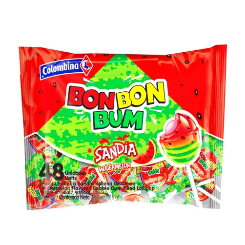 Colombina Bon Bon Bum Lollipops Watermelon Flavor, 48 Count (Pack of 1)