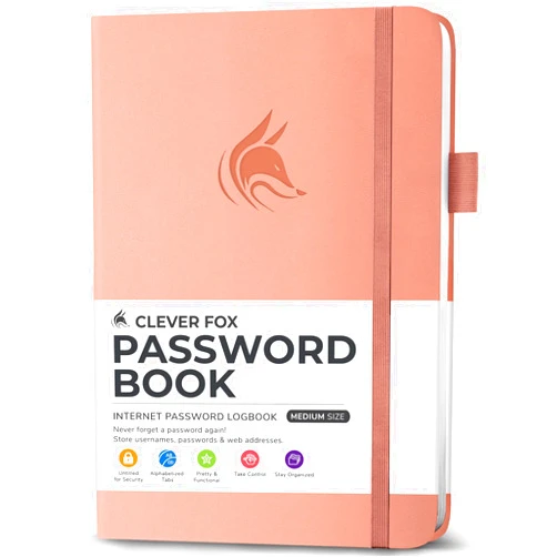 Clever Fox Password Book with alphabetical tabs. Internet Address Organizer Logbook. Medium Password Keeper for Website Logins (Peach Pink)