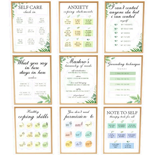 Sureio 9 Pcs Mental Health Poster Healthy Coping Skills Poster Positive Therapy Office Decor Therapist Posters Mental Canvas Painting Psychologist Counselor Wall Art Pictures, 8 x 10 Inch