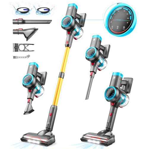 CHEBIO Cordless Vacuum Cleaner, 550W/45Kpa Vacuum Cleaners for Home with Self-Standing, MAX 60Mins Vacuum with LED Display, Anti-Tangled Stick Vacuum, Lightweight Vacuum Cleaner for Carpet/Pet Hair
