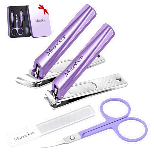 MelodySusie Nail Clippers Set 4 in 1, Ultra Sharp Toenail Clippers with Glass Nail File Cuticle Scissors, Stainless Steel Nail Clippers for Women, Fingernail Clipper Cutter Manicure Set Gifts, Purple