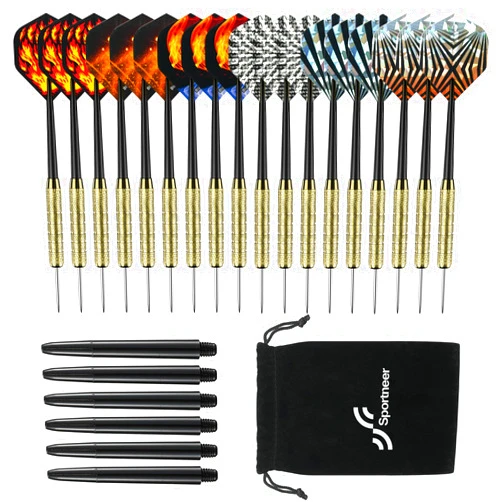 Sportneer Darts Metal Tip Dart Set: Steel Tip Darts Set Professional Darts Brass Barrels Metal Tip Darts Extra Flights Premium Darts 18 Pcs for Dartboard with 6 Free PVC Dart Rods and Carrying Bag