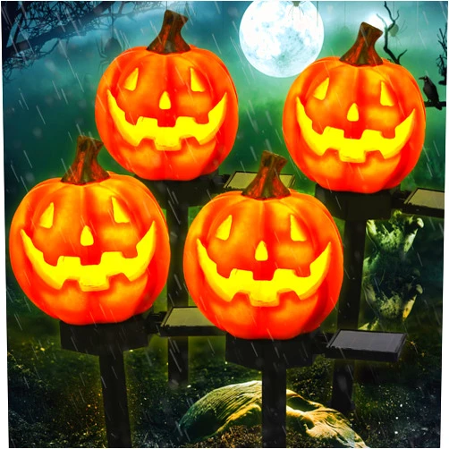 Retisee 4 Pack Halloween Solar Pumpkin Pathway Lights - Waterproof Outdoor Decor Jack O Lantern Solar Lights for Orange Yard Patio Garden