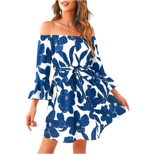 JECEIKA Womens Off Shoulder Ruffle Floral Summer Wedding Guest Dresses A Line Shift Short Skater Dress with Belt