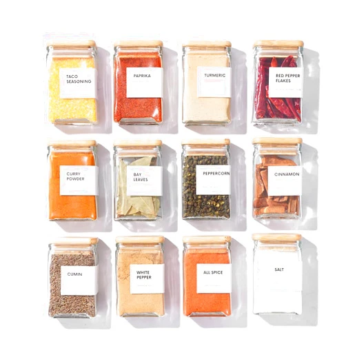 APT 1101 Glass Spice Jars with Labels - 4oz Glass Jars with Bamboo Lids, Square Spice Jars with Labels, Empty Spice Bottles for Seasoning Organizer, Spice Drawer Organizer and Kitchen Storage, 12 Pack, White
