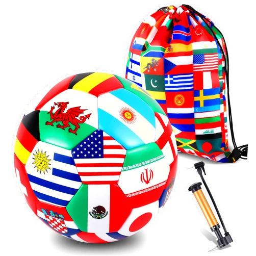 Realspring International Flag Soccer Ball World Flag Soccer Ball Size 5 Country Flag Party Favor Operation Christmas Soccer Balls with Pump and World Flag Storage Bag for Sports Holiday Birthday Party Gifts