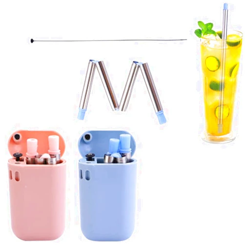 Vellichor Beach 2 x His and Hers Collapsible Straw with Travel case (Stainless Steel) | Pink and Blue Foldable Straws | Reusable Environmentally Friendly Drinking Straw with Bonus Cleaning Brush | Portable Metal