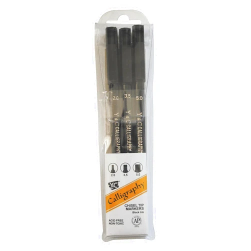 Yasutomo - NSC603A Y and C Water Based Calligraphy Markers, Chisel Tip, Assorted Sizes, Black, Pack of 3 - 443609