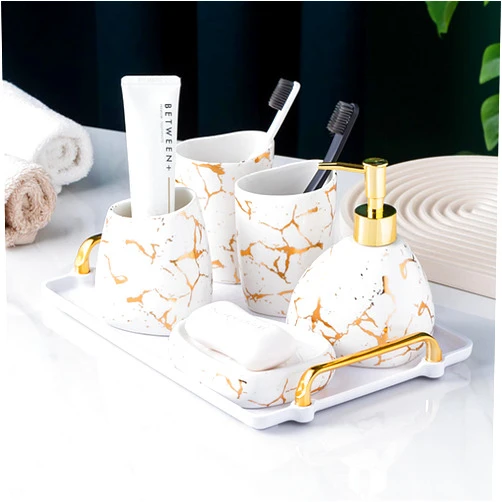 XYQXYQ White Bathroom Accessories Set,Gold Marble Look Bathroom Decor,Modern 6 Piece Bathroom Accessory Set,Complete with Soap Dispenser,Toothbrush Holder,Tumbler,Tray Countertop