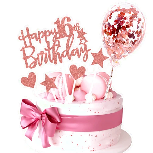IEALODS 16th Happy Birthday Cake Topper, Rose Gold Glitter 16th Birthday Cake Topper with Balloon Cake Topper for Girl Birthday Cake Decorations