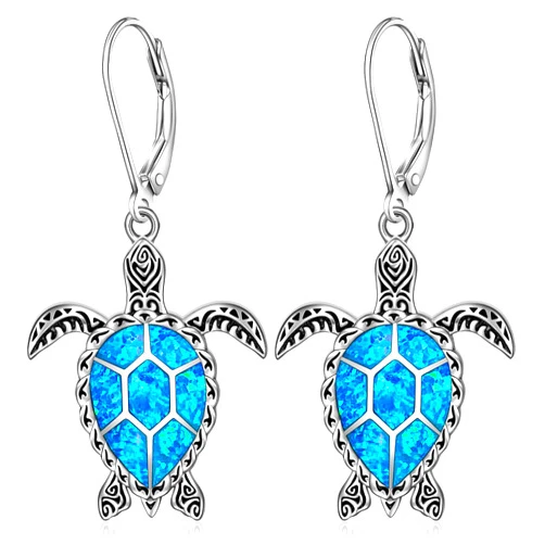 Fenthring Turtle Earrings Sterling Silver Blue Opal Sea Turtle Gifts for Women Leverback Drop Dangle Retro Hawaiian Ocean Jewelry Turtles Lovers Gifts