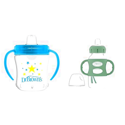 Dr. Brown's Transition Sippy Cup Soft Spout Blue - 6oz 6m+ & Milestones Wide-Neck Bottle 100% Silicone Handles, Easy-Grip Handles 6m+