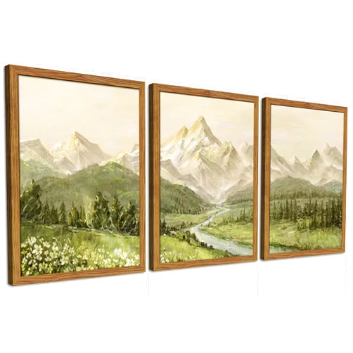 Fancynew Framed Mountain Wall Art for Living Room, Green Nature Landscape Canvas Wall Decor Set of 3, Vintage Forest Rustic Farmhouse Prints Pictures Paintings for Office Bedroom 12x16 Inch