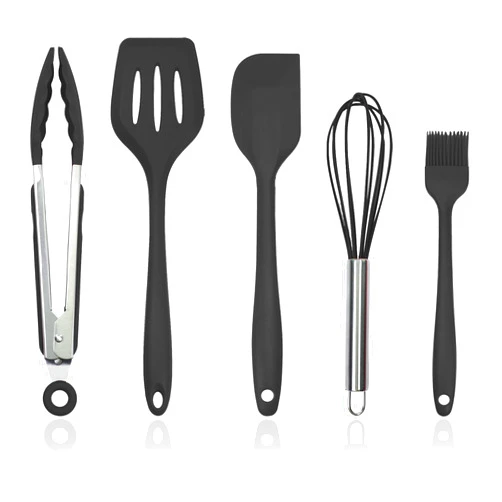 XoYoZo Silicone Kitchen Cooking Utensils Set Kitchen Spatula Set with Holder,5 pcs Heat Resistant Silicone Kitchen Utensils Gadgets Tools Set for Nonstick Cookware,Dishwasher Safe (Black)