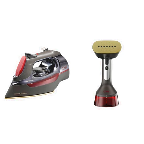 CHI Steam Iron with Retractable Cord, Ceramic Soleplate, 400+ Holes & CHI Handheld Garment Steamer, 300 ml Tank, 10' Cord, 1600 Watts