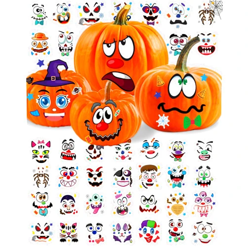 Aowplc Pumpkin Decorating Stickers Kit - 48 Different Fun Faces, Large Halloween Stickers for Crafts, Party Favors, and Treats