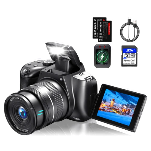 Findsmile 4K Digital Cameras for Photography, Autofocus 12X Optical Zoom 72MP Vlogging Camera for YouTube, Photography Camera with 270°Flip Screen, Wi-Fi & App-Controlled Cameras, 2 Batteries, 64GB Card, Black