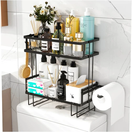 Godboat Bathroom Organizers and Storage, 2-Tier Over Toilet Storage, Bathroom Storage with 2 Hooks & Toilet Paper Holder, Wall Mounted Floating Shelves Furniture, Gifts for Women, Mothers Day (Black)