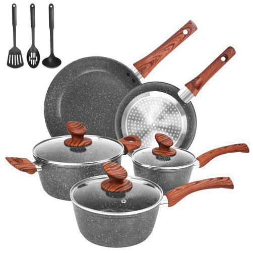 M MELENTA Granite Pots and Pans Set Ultra Nonstick, 11 Piece Die-Cast Cookware Sets with Frying Pan, Sauce Pan, Stockpot, Stay Cool Handle & Kitchen Utensils, Gas/Induction Compatible, 100% PFOA Free