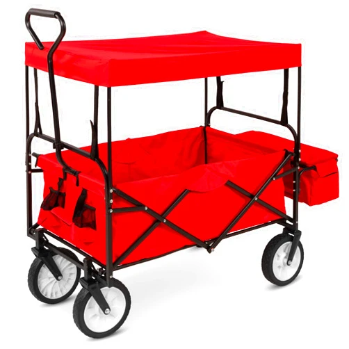 Best Choice Products Collapsible Folding Outdoor Utility Wagon with Canopy Garden Cart for Beach, Picnic, Camping, Tailgates w/Removable Canopy, Detachable Pockets, 150lb Weight Capacity - Red