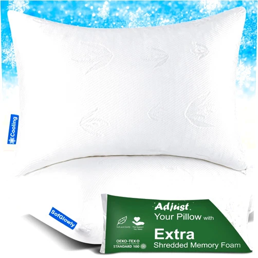 SofGlowly Cooling Bed Pillows for Sleeping 2 Pack, Shredded Memory Foam Pillows Queen Size Set of 2 - Adjustable Pillows for Side Back Sleepers with Cooling Washable Cover, Medium Firm Support Pillows