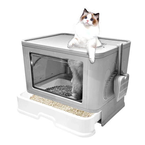 Kattypet Foldable Cat Litter Box, Enclosed Kitty Litter Box, Top Entry Anti-Splashing, Cat Toilet Easy to Clean, Extra Large Covered Cat Litter Box with Litter Bursh and Scoop (Gary)