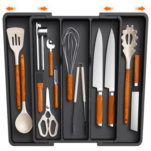 Lifewit Utensil Organizer for Kitchen Drawers, Expandable Cooking Utensil Tray, Adjustable Cutlery Silverware Flatware Holder, Plastic Kitchen Spatula Tools and Gadgets Storage Divider, Large, Black