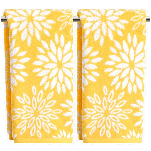 Artoid Mode 2 Pcs Beige Yellow Dahlia Floral Jacquard Hand Towels for Bathroom, 100% Cotton Soft Absorbent Bathroom Decor Towels, 13.7 x 29.5 Inch