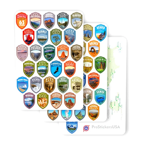 ProStickersUSA 1 x 1.5 inch Collection 63 Stickers Set All National Parks USA Complete Collection Shield N.P. Passport Colors Vinyl Stickers. Map of US National Parks.
